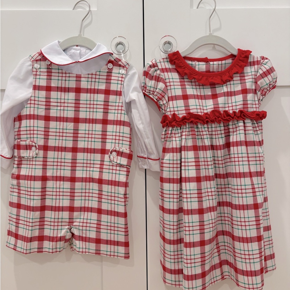 Little English Family Matching dress (3T) and john john set (18 m) holiday plaid